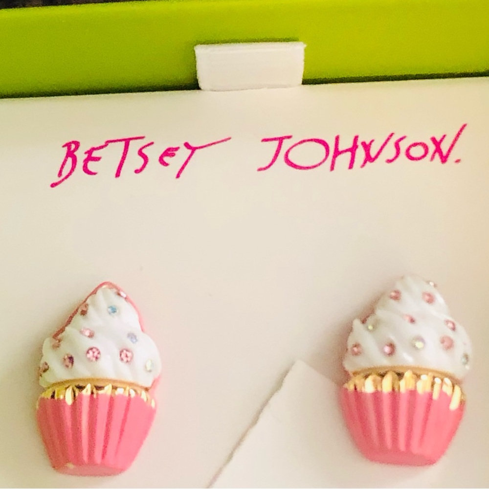 Authentic Betsey Johnson Rhinestone Iced Cupcake Earrings, New with Box
